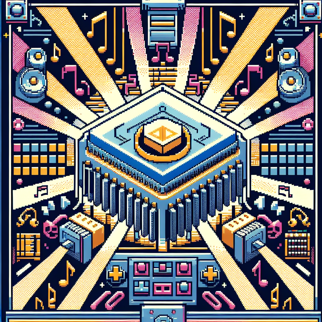 A vintage sound chip from a retro gaming console with musical notes floating around it.