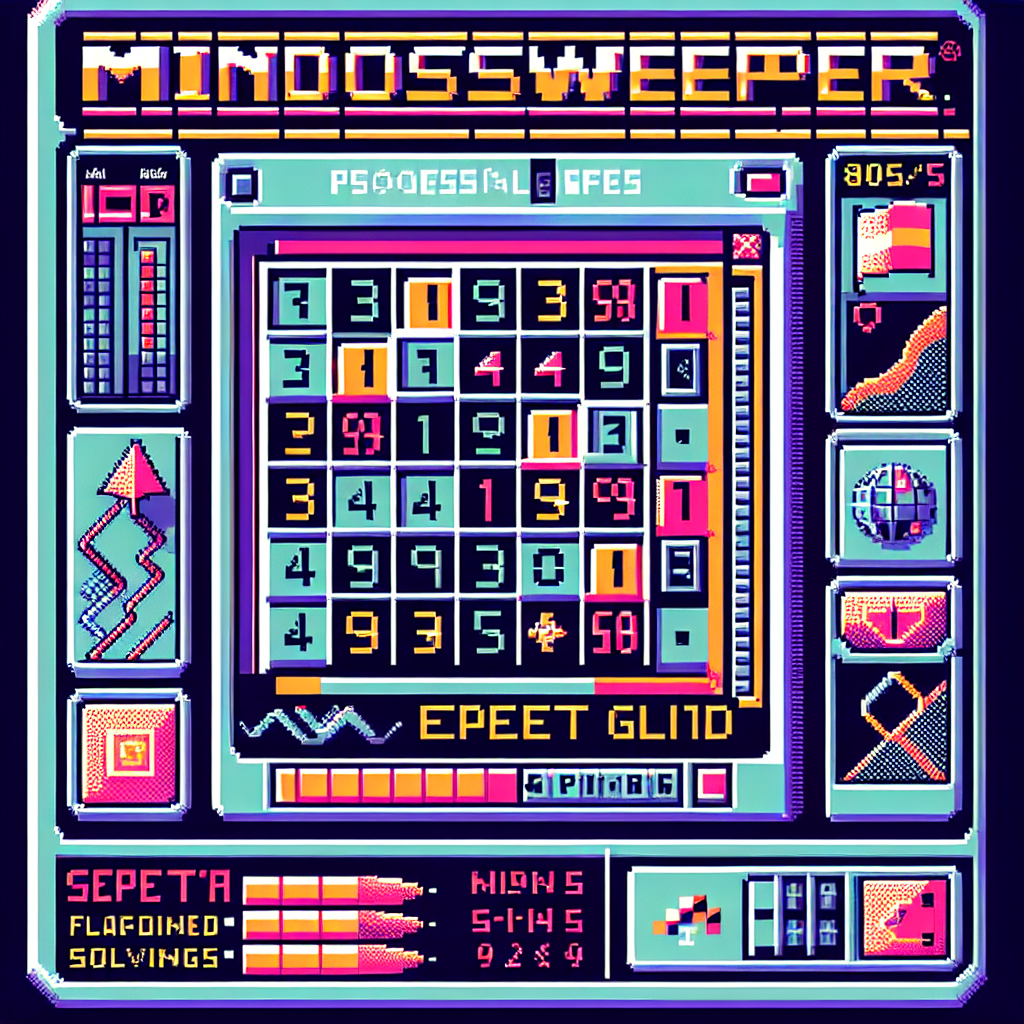Minesweeper expert grid showing advanced flagging patterns and complex solving techniques.