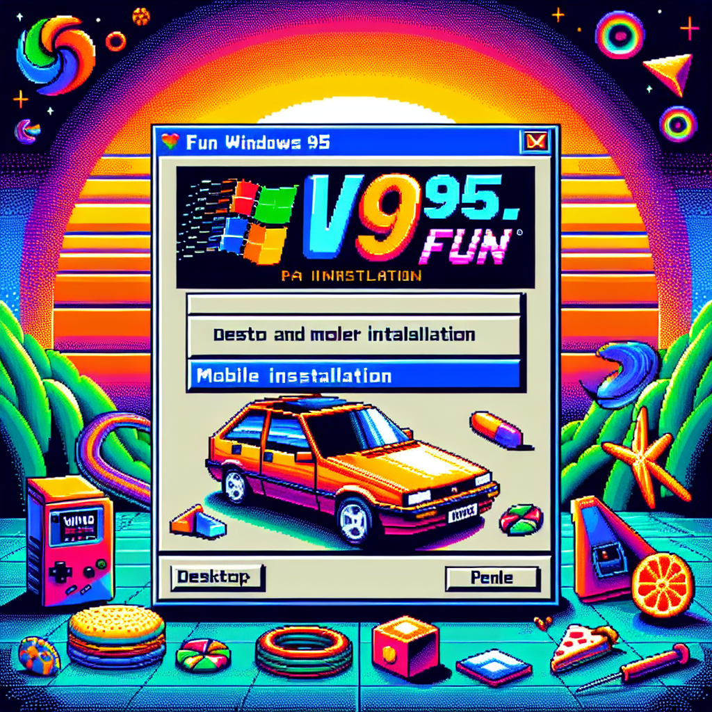 Win95.fun PWA installation prompt showing desktop and mobile installation options with Windows 95 styling.