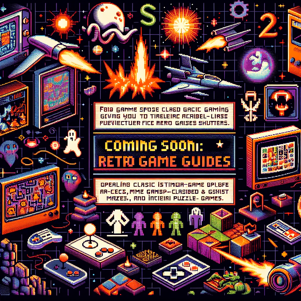 Collage of classic arcade games including Tetris, Pac-Man, and Space Invaders in retro pixel art style.