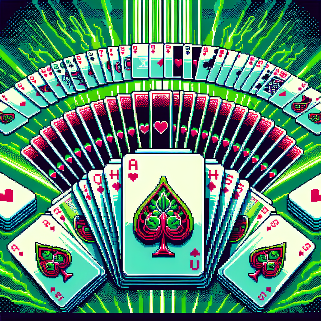 A fanned arrangement of playing cards in a solitaire game on a green background.