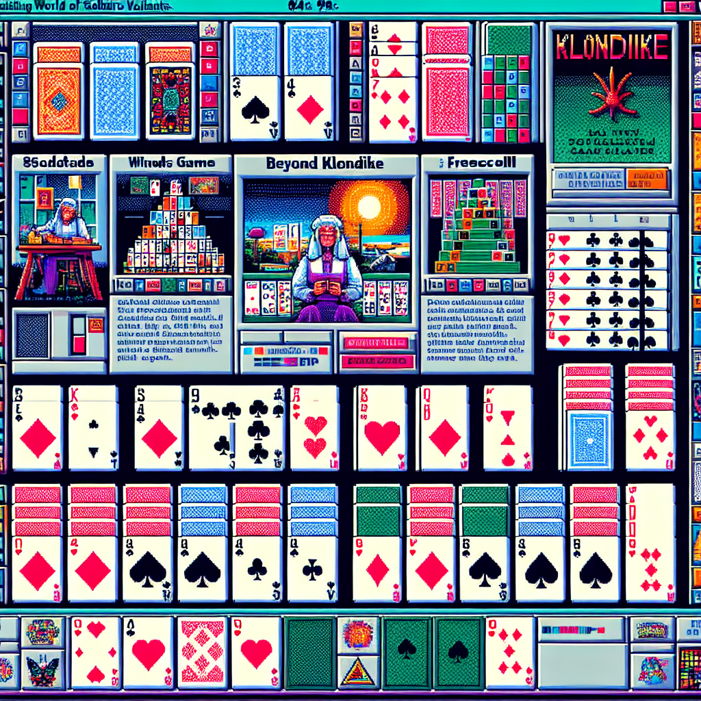 Multiple Solitaire game layouts showing different variants like Spider, FreeCell, and Pyramid arranged side by side.