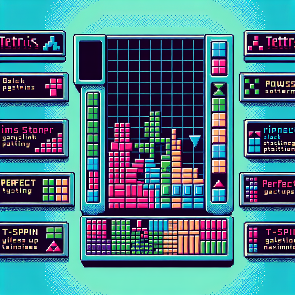 Tetris game board showing advanced stacking patterns and T-spin setup positions.